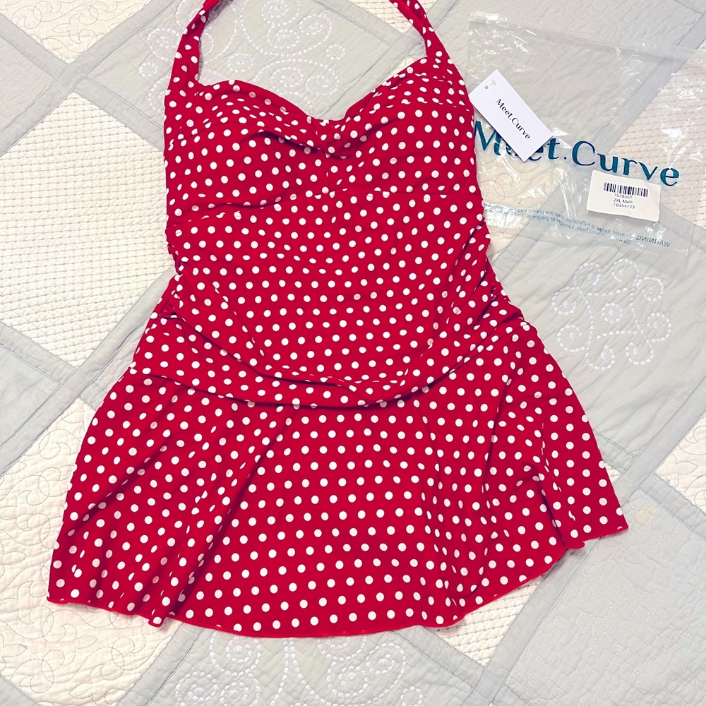 Red Halter Twist-front Polka Dot Swimdress